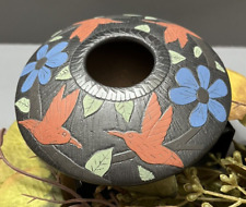 Mata Ortiz Pottery Vanessa Bugarini Black Seed Pot Flowers Birds Etched Mexican picture
