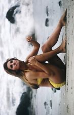 Raquel Welch beautiful 1960's pose in yellow bikini sat on beach picture