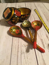 Decorative Soup Bowl Set Spoons USSR Khokhloma Russian Soviet Folk Art Set of 5 picture