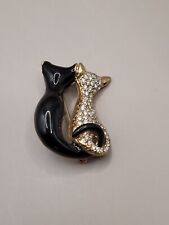 NEW PAIR CATS BLACK ENAMEL WITH CLEAR GENUINE CRYSTALS GOLD TONE PIN BROOCH (L picture