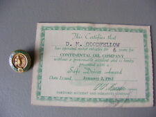 Vintage  1962 Continental Oil Company Conoco Safe Driver Certificate With Pin picture