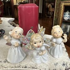 3 Vintage Open Mouth Angel Figurines White W/ Gold Trim Singing Japan Christmas picture