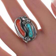 sz11 Vintage Native American sterling, turquoise and coral ring picture