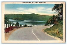 1938 Greetings From Road Mountain River Lake Como Pennsylvania Vintage Postcard picture