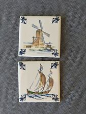  Vintage KLM Airlines Business Class Dutch Delft Ceramic Tile Coaster set of 2 picture