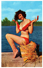 Beautiful Woman Brunette Loose Bikini Top VTG Postcard Unposted c.1960 picture
