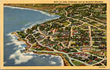 Vtg 1930s La Jolla Shoreline Aerial View California CA Unused Linen Postcard picture