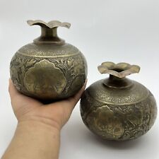 Vintage 1950 Set 2 Pc Small Vases For Flowers Brass Very Rare Engraved Iranian picture