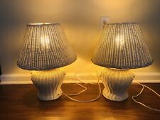 Pair Of Vintage '70-80s White Wicker Rattan Table Lamps With Shades 18” Boho picture