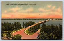 Postcard FL Lake Worth View Bridge Looking East Palm Trees Old Cars Vintage G1 picture