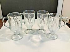 4 Vintage Indiana Glass Pedestal Coffee Mugs Embossed Christmas Trees Gold Rim  picture