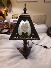 Vintage Boudoir Table Lamp With Glass Panels Brass Tone & Roses Pattern 22