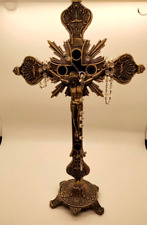Vintage Brass Carved Tabletop Crucifix Jesus on Cross With Rosary Made in Italy picture