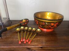 Vintage USSR Russian Folk Art Wood Khokhloma Bowl, Ladle, and Spoons Set Of 8 picture