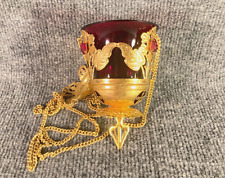 Vintage Orthodox Christian 3 Chain Hanging Votive Vigil Lamp Red Glass Gold 5” picture