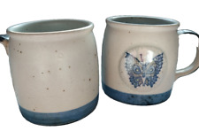 Vintage Speckled Stoneware Mugs Blue Butterfly Pair picture