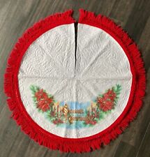 Vintage Felt Fringed Christmas Tree Skirt Poinsettias Candles Screen Print 35” picture