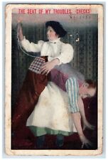 1913 The Seat Of My Troubles Girl Stitching Rochester New York NY Postcard picture