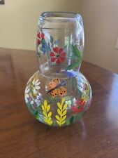 Vtg Bedside Carafe Tumble Up Hand Painted Flowers Butterfly Lady Bug picture