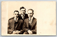 Original RPPC, Three Men In Suits And Ties Portrait, Antique, Vintage Postcard picture