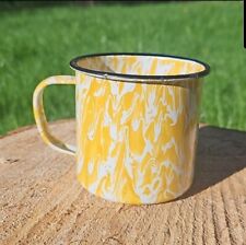 Vintage Mustard Yellow and White Marbled Camping Enameled Metal Cup picture