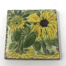 Vintage Terra Cotta Hand Painted Tile Sunflowers 5” X 5” Square picture