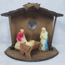 VINTAGE 1960s Chalkware Nativity Set, Wooden Stable, pressboard manger picture