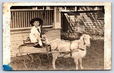 Postcard RPPC Adorable Child White Goat Drawn Cart Holding Reigns Suitcase C4 picture