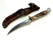 vtg Western USA 640  Hunting Knife With Leather Oak Leaf Sheath picture