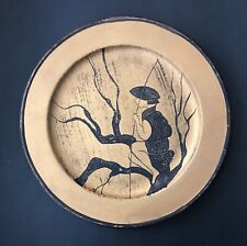 Vintage Block Woodcut Art Pottery Plate Man Fishing In Tree Heavyweight picture