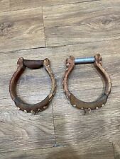 Pair - Vtg Cowboy Western Saddle Ox Bow Stirrups Medal Leather Wrapped picture