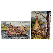 Native American Cupid Children Postcards Set Of 2 Out Canoeing In Camp 1904 picture