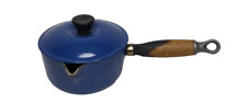 Vintage Le Creuset #14 Cast Iron Enamel Blue Sauce Pan &Lid Wooden Handle France picture