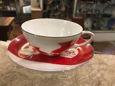 Vintage Antique  Red Mid Century Modern Teacup Saucer Set Bohemian Boho Tea Cup picture