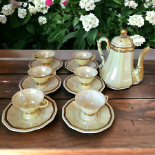 Saxony German Tea Pot Set with service for 6. Acorn adorned 24k gilt over beige picture
