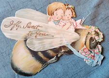 Tucks Booklet/Card Children Riding a Bee I Fly Sweet To You Silk Antennae 1890's picture