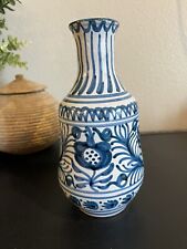 Vintage Terra Cotta Hand Painted Blue & White Vase - Decor  picture