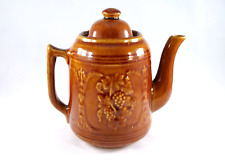 Antique Rustic Brown Stoneware Teapot Grapes & Leaves Harvest Pattern, 4 Cups picture