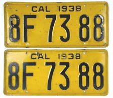 California 1938 License Plate Pair Matching Set DMV Clear 8F 73 88 Antique Car picture