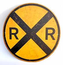 New Vintage Railroad Crossing Round Tin Sign, Nostalgic Pre-Distressed Used Look picture