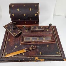 Antique Wooden Desk Set w/ Fleur De Lis Brown Leather Painted NEEDS TLC picture