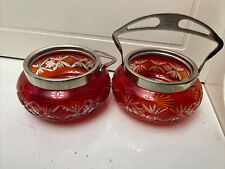 2 Vintage Rare Soviet Union Ruby Red Glassware Swing Handle Cut To Clear Moscow picture