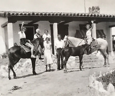 VTG 1934 Family Riding Horses at Spanish Style Home B&W Photograph 3.25