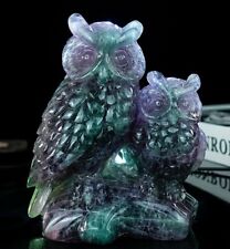 6 inches Mother Baby Owl Skull Fluorite Quartz Crystal Carved Reiki Healing Gift picture