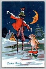 1910's New Year Dog Skates Scarecrow Crescent Moon Anthropomorphic Postcard RARE picture
