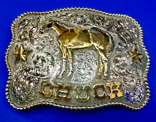 Horse Trophy Chuck Custom Sterling Silver & 14K Gold with 24K G.P. Belt Buckle picture