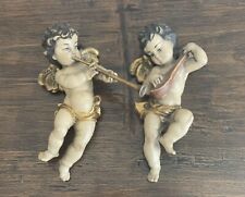 2 Vintage 8” Polychrome Carved Putto Cherubs Wall Hangings Figurines Italy Anri? picture