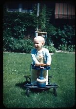 Toddler Playing on Antique Tricycle 50s Vintage 35mm Red Border Kodachrome Slide picture