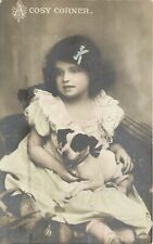 EAS RPPC 960 Pretty Little Girl w/Terrier Puppy Dog, A Cosy Corner, Hand Colored picture