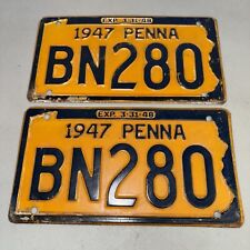 Vintage 1947 Pennsylvania PA License Plate Matched Pair BN280 Tag Penna Yellow picture